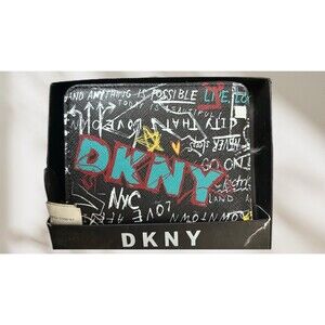 DKNY Vela Small Zip Around Wallet Black Faux Leather With Graffiti Print  5x4.5"